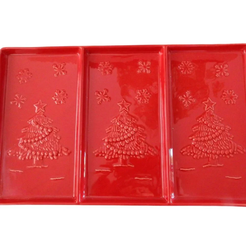 Sur La Table Red Ceramic 3 Section Divided Tray Lidded Bowl Christmas Tree
